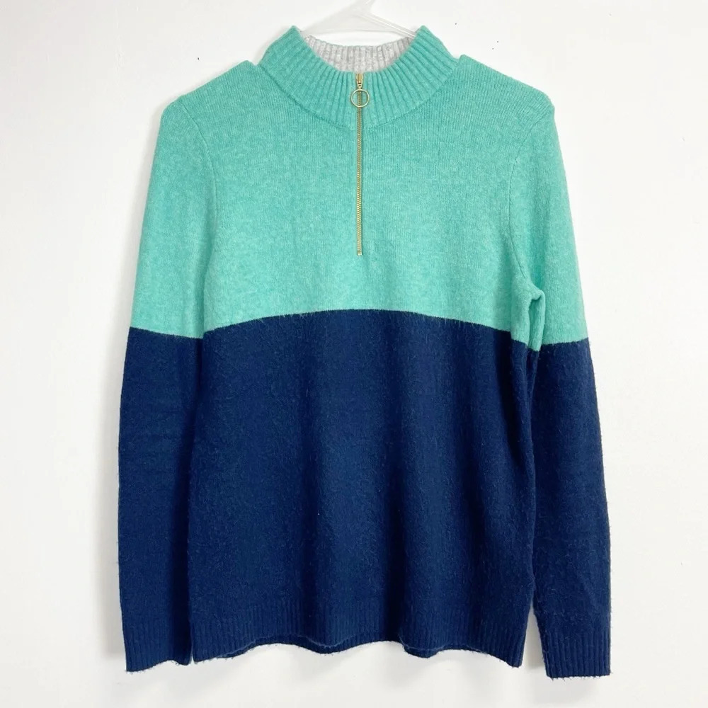 J Crew Sweater Womens Size XS Navy Blue Green Colorblock Zip-up Pullover